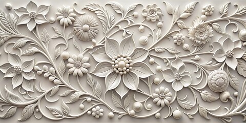 Elegant white floral bas-relief wall panel with three-dimensional flower design , elegant, white, floral