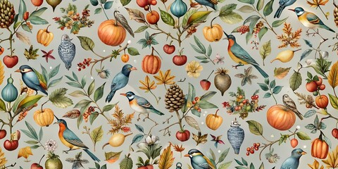 Seamless Decorative String of Autumn Birds and Fruits with Soft Colors and Gray Background. Perfect for: Autumn festivals, Nature reserves, Birdwatching events