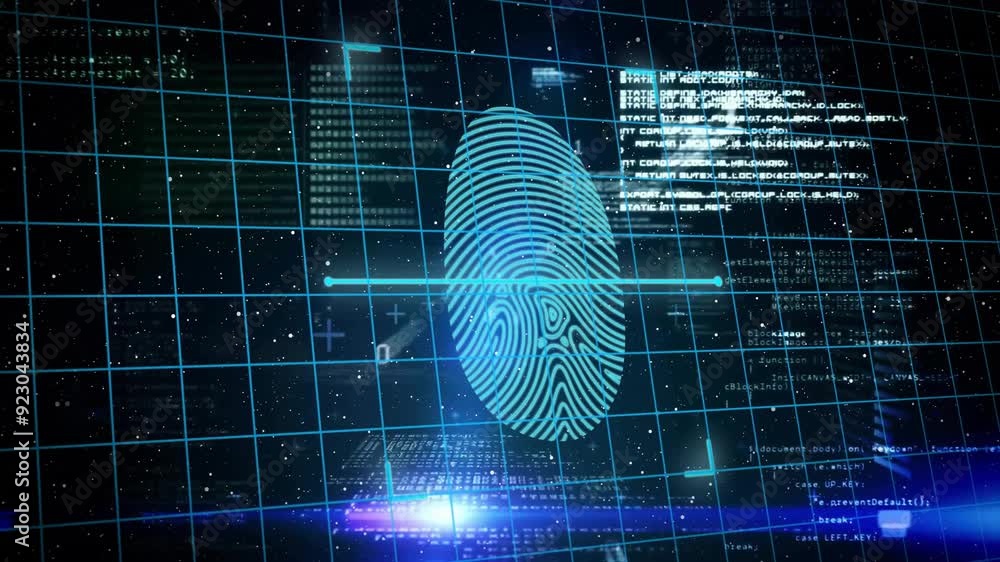 Aufkleber fingerprint scanning with cybersecurity animation over digital data and code background