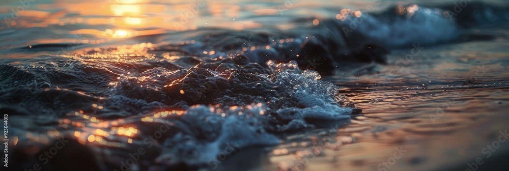 Poster inspiring high-resolution sunset over ocean with rock features and soft white waves lapping at the s