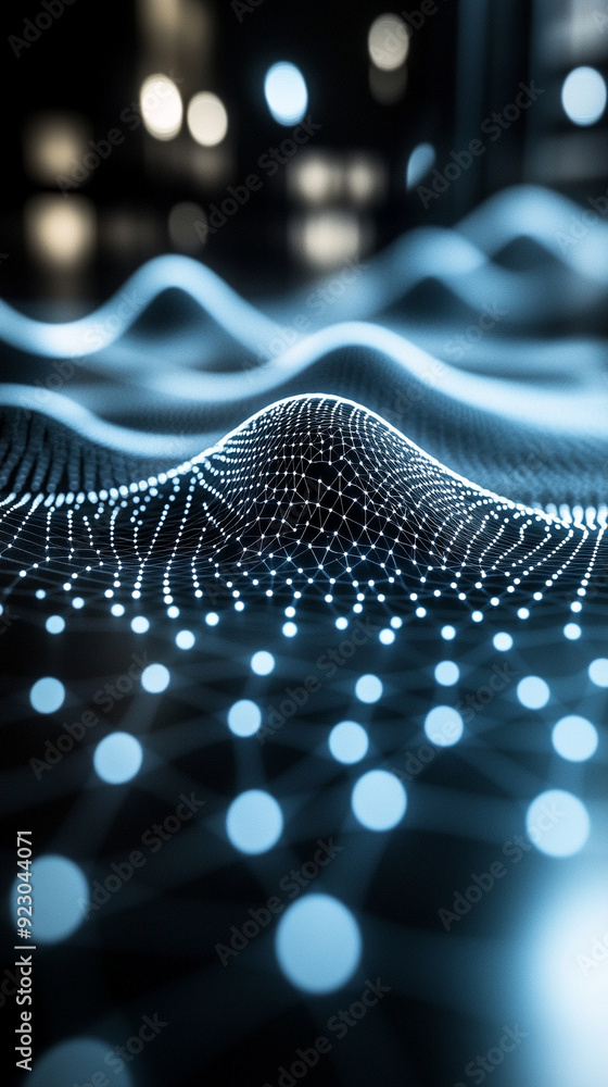 Poster neural network, featuring simple lines and dots interconnected in a grid-like pattern. this visual s