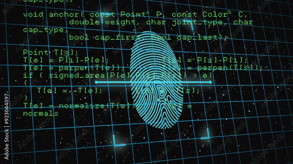 Poster fingerprint and shield icons with cybersecurity code animation over grid background