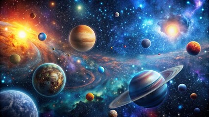 Starry night sky filled with cosmic creatures and planets , celestial, stars, night sky, galaxies, universe, space