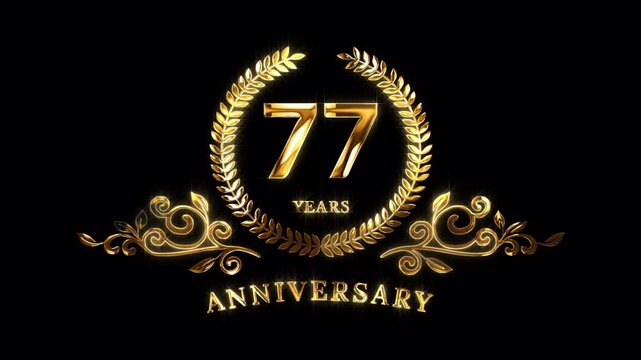 77th Anniversary Celebration. Happy 77 Years Anniversary Animation in Gold Color on the Transparent Background, Alpha Channel. Great for greetings, celebrations, events, and gifts.