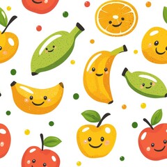 Seamless pattern of playful fruits like apples, bananas, and oranges with smiling faces