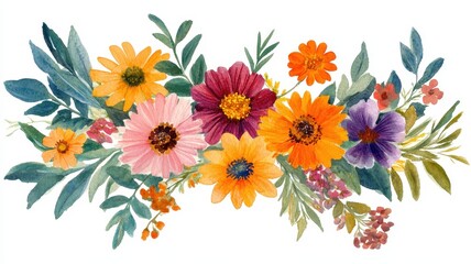 Blooming Wildflower Wreath in Watercolor Style with Lush Greens - Botanical Art Print for Nature Lovers and Home Decor