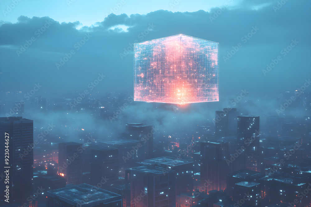 Poster a glowing ai-powered cube floating above a city, symbolizing centralized intelligence controlling ur
