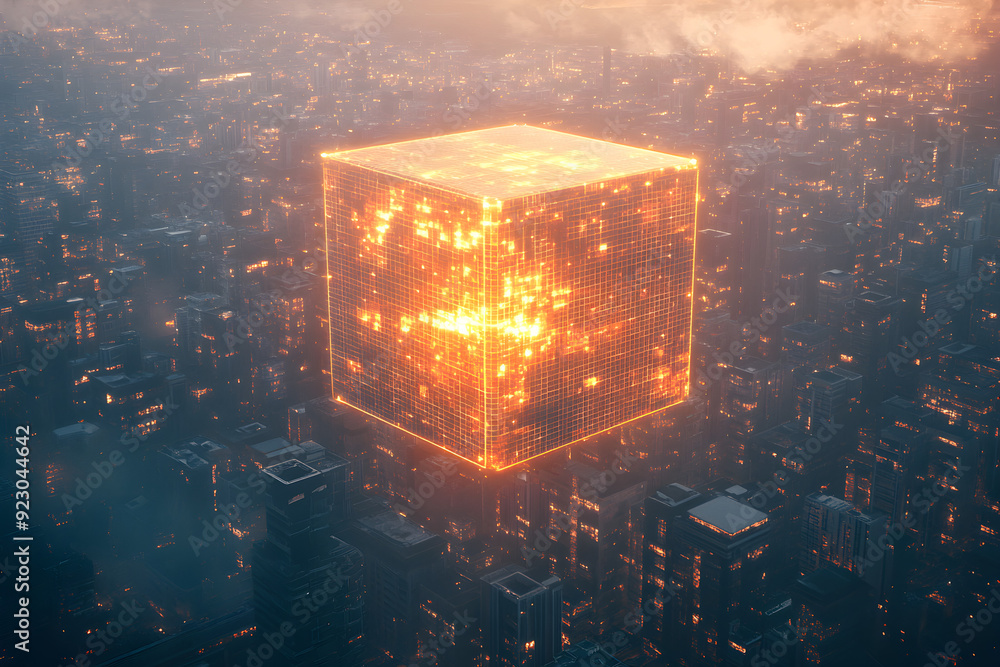Poster a glowing ai-powered cube floating above a city, symbolizing centralized intelligence controlling ur