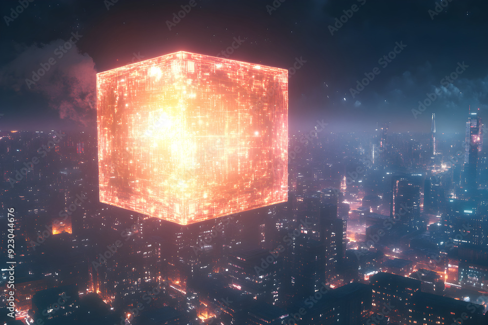 Poster a glowing ai-powered cube floating above a city, symbolizing centralized intelligence controlling ur