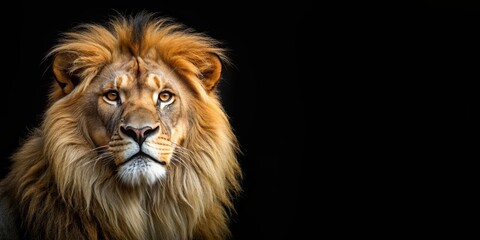 Fototapeta premium Lion king isolated on black backdrop, lion, king, crown, majestic, wild, animal, predator, wildlife, black background