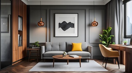 Fototapeta premium modern, minimalist living room with sophisticated design elements. The room features gray walls with decorative molding and a wooden herringbone-patterned floor