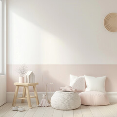 Child's bedroom interior with stylish furniture. Idea for design in pink color, pillows and cushions