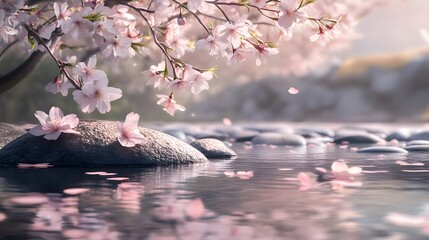 tranquil scene featuring a blooming cherry blossom tree by a clear, flowing stream. Delicate sakura petals drift gently from the tree, landing softly on the water's surface