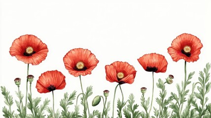 Fototapeta premium Vibrant Poppy Flower Border in Deep Reds - Watercolor Wild Nature Botanical Illustration