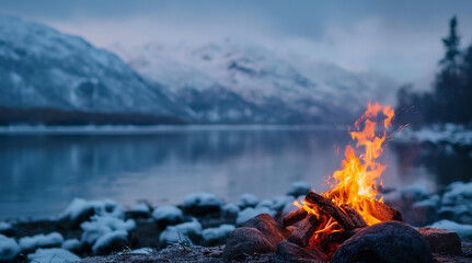 Winter Alaska Campfire.Imaginary Scene of a Burning campfire with dancing flames, on winter alaska views
