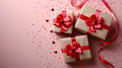valentine s day gift boxes with red ribbon bow red hearts on pastel pink background top view flat lay.