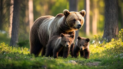 A she-bear and her cubs are seen in a summer pine forest, showcasing their natural habitat during the warm season.