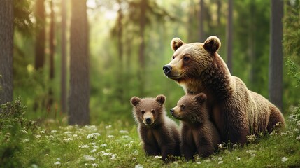 Obraz premium A she-bear and her cubs are seen in a summer pine forest, showcasing their natural habitat during the warm season.