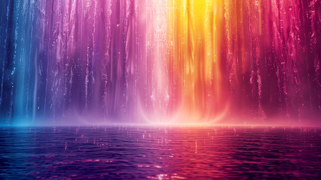 Colorful waterfall cascading into a tranquil lake at sunset in a vibrant landscape