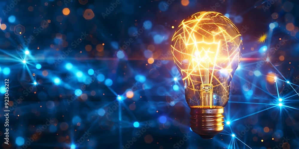 Poster 3d illustration of a light bulb with a network of lines and dots in the background