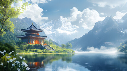 Obraz premium Temple by the Lake: A Serene Reflection of Ancient Architecture Amidst Majestic Mountains