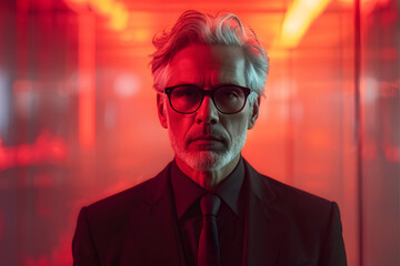 Fototapeta premium A man in a suit and glasses is standing in front of a red wall