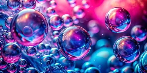 Macro photo of floating bubbles collide with each other, pink and blue colors, blurred background , macro, bubbles,floating