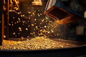 Gold ore being processed through industrial machinery with close-up of gold particles emerging from machinery against a factory backdrop