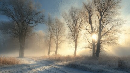 Trees bathed in winter light, partially shrouded in fog.