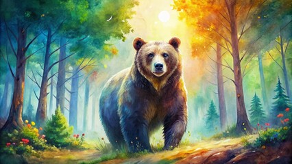 Vibrant watercolor painting of a bear in a forest setting, wildlife, nature,art, animal, woods, colorful, painting, watercolor
