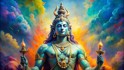 Fototapeta premium Painterly Lord Shiva statue digital art with vibrant colors and abstract design, Lord Shiva