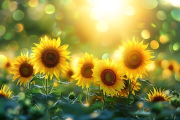 Obraz premium Sunlit sunflowers, vibrant field, summer beauty.