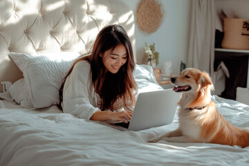 Beautiful woman using laptop and dog lying on bed at home