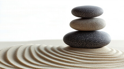 Zen garden with a round stone perfectly placed in meticulously raked sand. The tranquil scene symbolizes balance, simplicity, and harmony, evoking a sense of peace and mindfulness