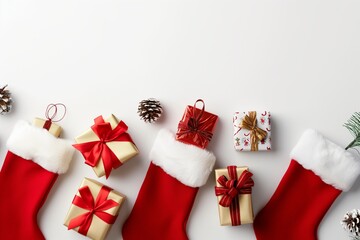 Red Christmas stockings with gifts isolated on background