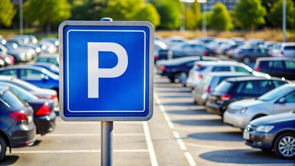 Parking sign with the letter P in a busy parking lot , urban, transportation, symbol, car park