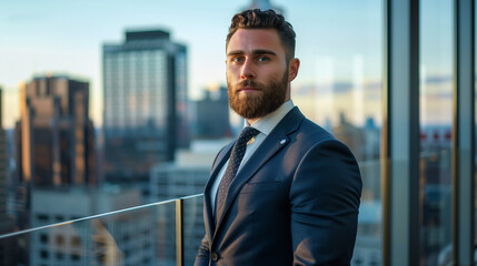 Fototapeta premium Image of a financial professional in his late 30s with a neat beard, dressed in a dark suit and tie, with a modern cityscape in the background