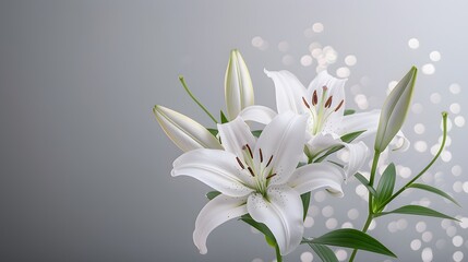 Fototapeta premium White lilies, grey background, nature-inspired.