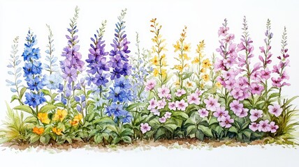 Naklejka premium Watercolor Silene Border with Delicate Blooms in Wildflower Garden