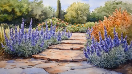 Obraz premium Elegant Veronica Border with Spiked Blooms in Watercolor Style Garden Painting