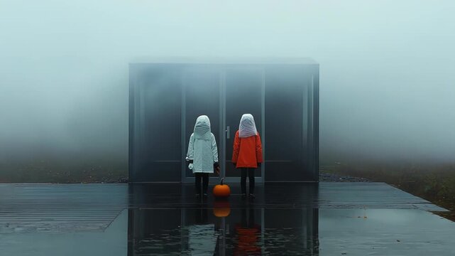 Shrouded figures stand motionless in a foggy environment. A mysterious structure frames the scene, creating an eerie atmosphere with muted colors and low-key lighting.	
