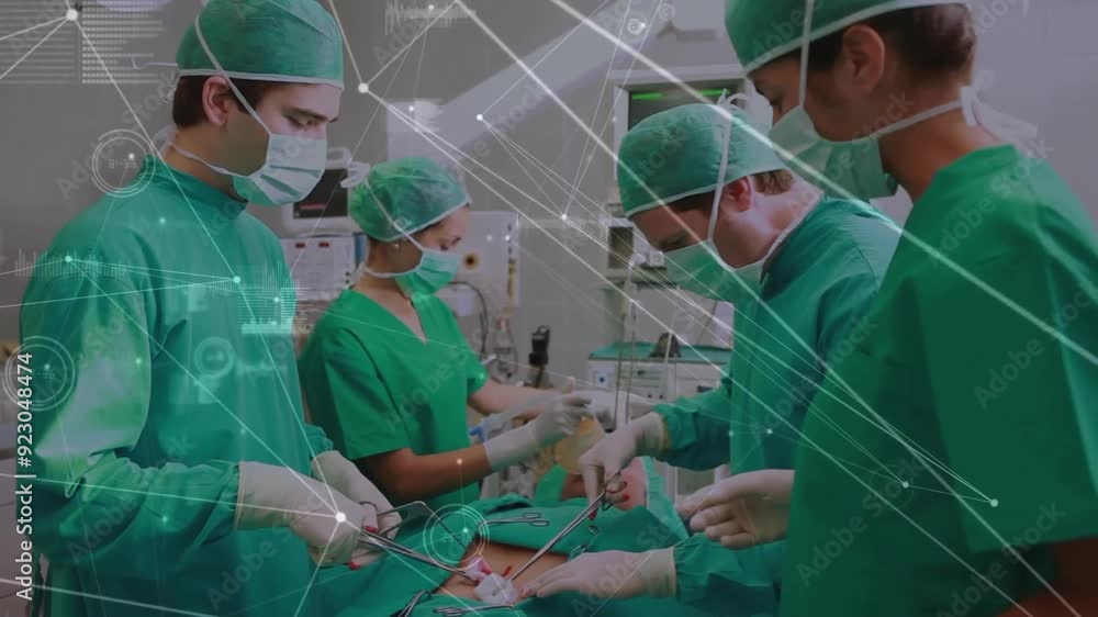 Poster surgeons operating on patient with network connections and data processing animation