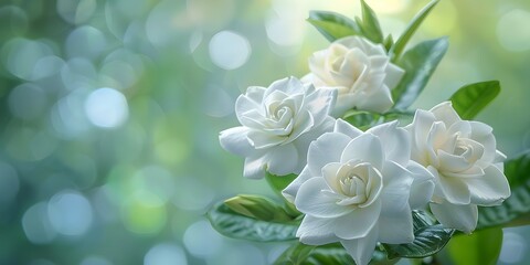 Obraz premium White gardenia, blurred background, elegance purity.