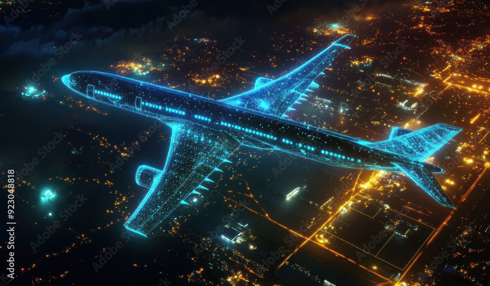 Wall mural photo of a futuristic airplane with visualization lines and colorful neon high technological pattern