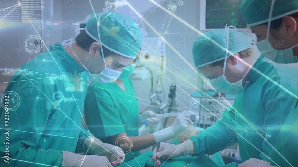 Poster surgeons performing operation with medical data processing animation over them