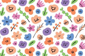 Floral seamless pattern, hand drawn ornament with roses, tulips and daisies, abstract flowers doodles, vector illustration for summer, wrapping paper for celebrations, birthday parties, Valentines Day