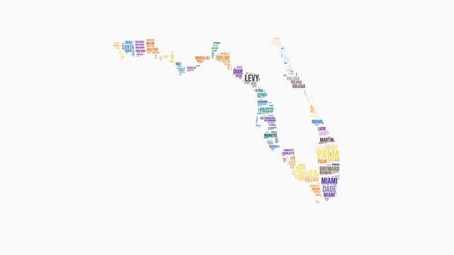 Florida counties word cloud animation. State logo animated video. Florida colored text cloud. Counties typography style motion graphics. Classy video.