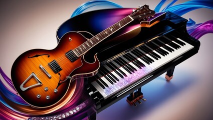 Fototapeta premium Illustration, Guitar merging into piano, International world Music day, vibrant colors, music lovers