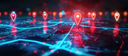 Obraz premium Neon Map with Location Pins