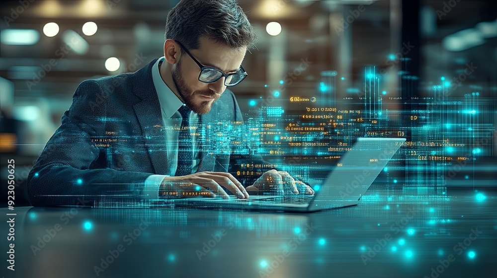 Aufkleber a businessman working on a laptop with digital data overlays in a modern office setting during the e